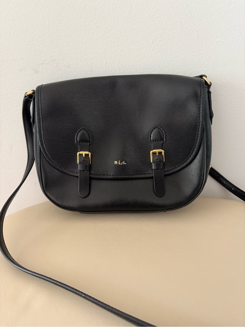 Ralph Lauren Black Leather Saddle Crossbody with Gold Hardware